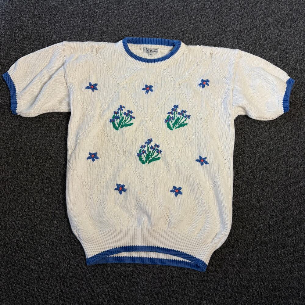 Vintage Y2k Coastal White Blue Floral Knit Short Sleeve Women's Top Medium